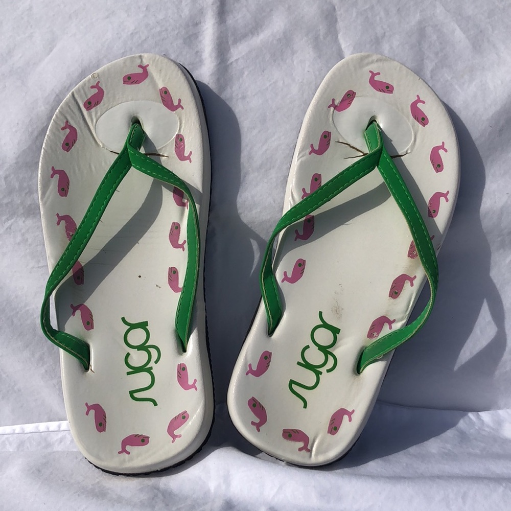 Vintage 1998 Sugar Floaties Flip-Flops; White with Pink Whales & Green Strap